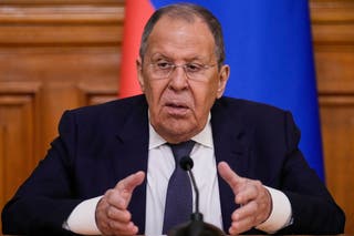 Russia's foreign minister Sergei Lavrov attends a joint press conference with India's foreign minister Subrahmanyam Jaishankar